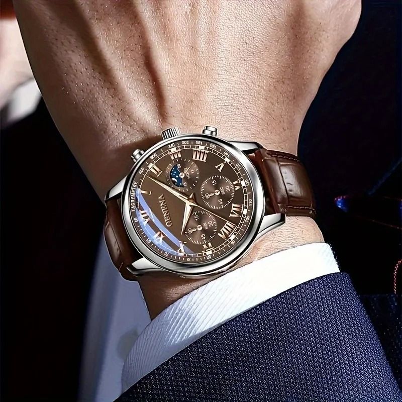 Men Luxury Leather Strap Quartz Watch Glow Dial 1
