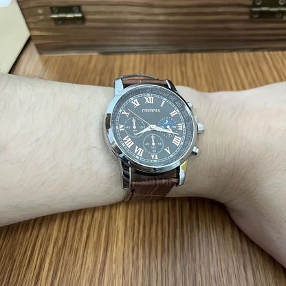Men Luxury Leather Strap Quartz Watch Glow Dial 4