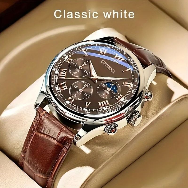 Men Luxury Leather Strap Quartz Watch Glow Dial 6