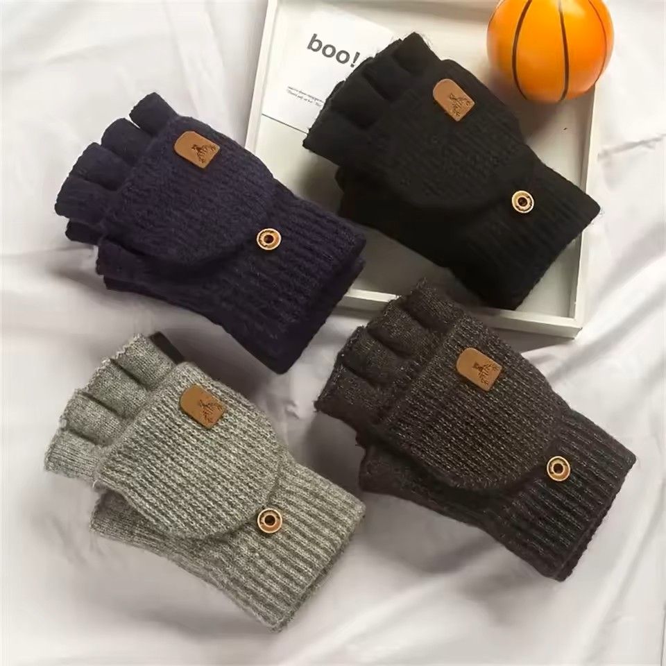 Winter Half Finger Flip Gloves Warm Knitted Windproof Gloves For Men And Women 7