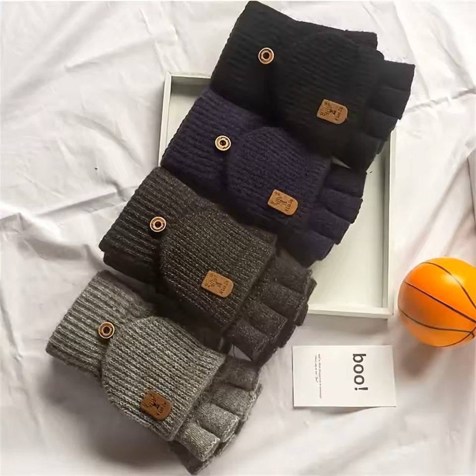 Winter Half Finger Flip Gloves Warm Knitted Windproof Gloves For Men And Women 8