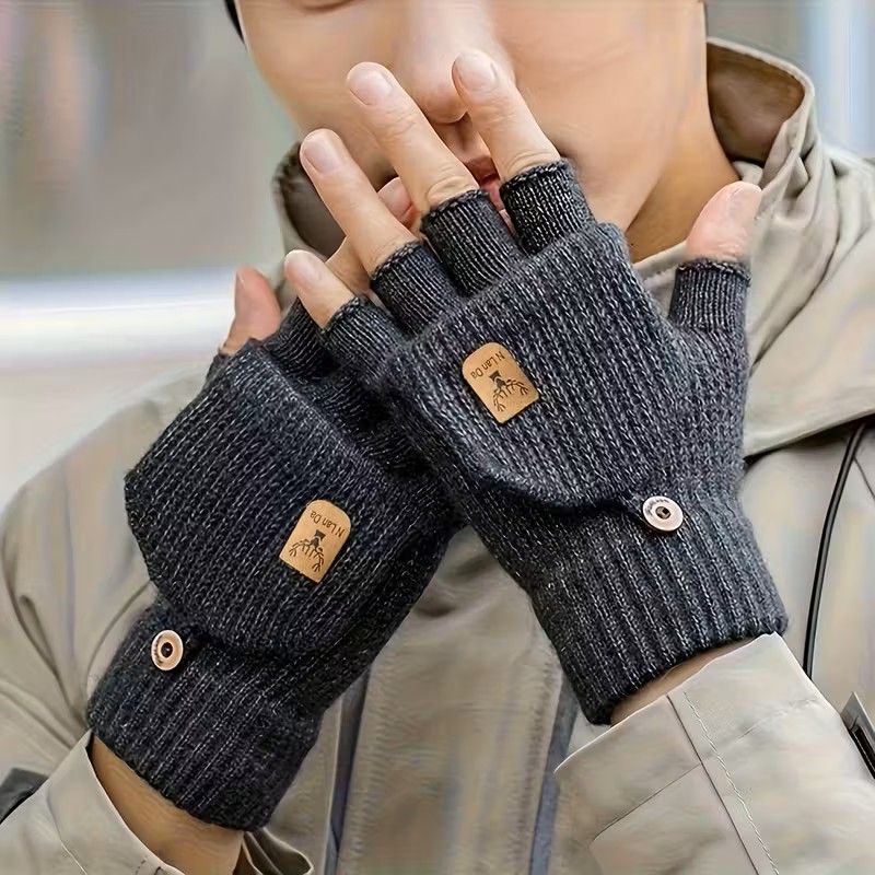 Winter Half Finger Flip Gloves Warm Knitted Windproof Gloves for Men and Women