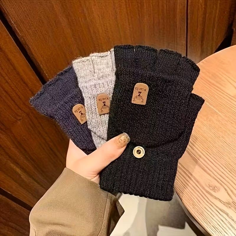 Winter Half Finger Flip Gloves Warm Knitted Windproof Gloves For Men And Women 5