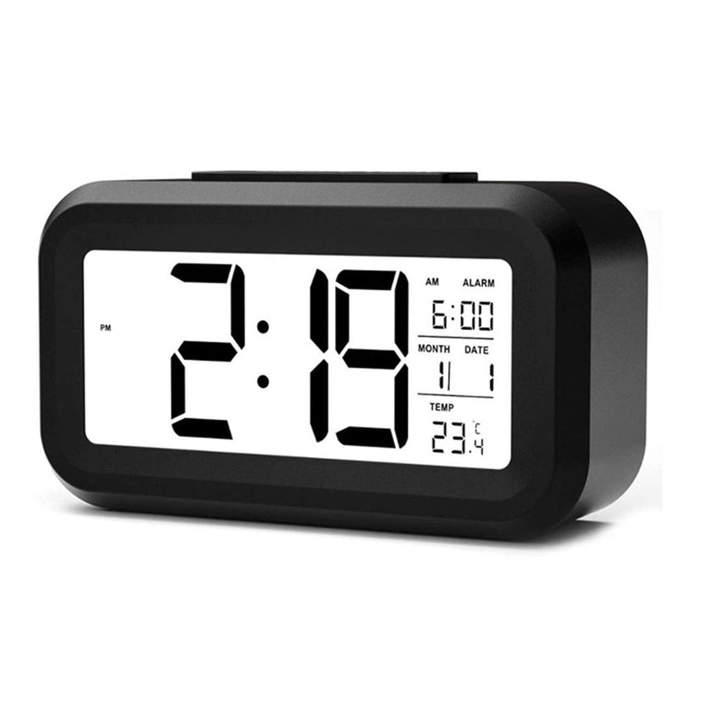 Battery Operated Digital Alarm Clock with Indoor Temperature, Light Sensor, Backlight Display for Bedroom and Office