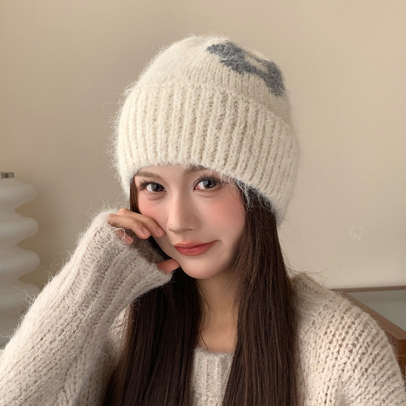 Korean Style Women's Winter Hat with Flower and Ear Protection Wool Hat Big Head Circumference Wool Hat