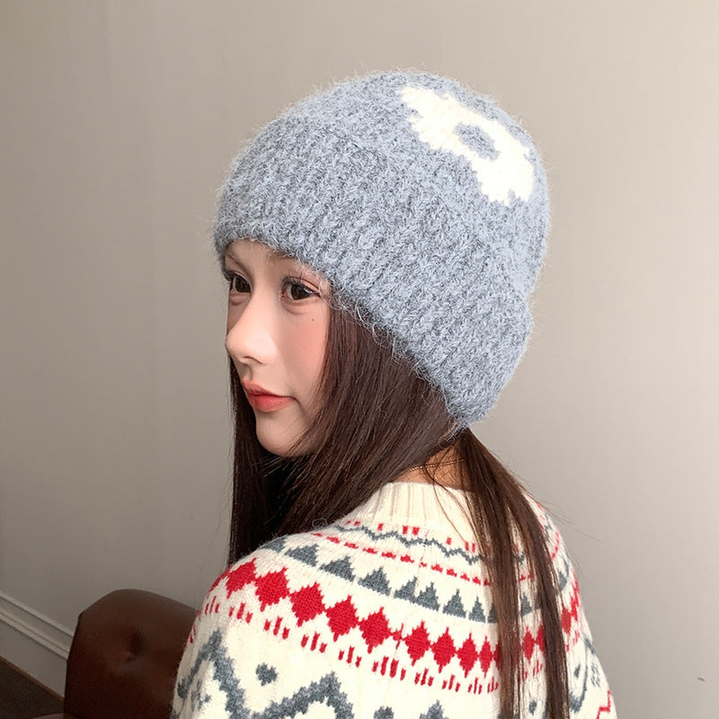 Korean Style Womens Winter Hat With Flower And Ear Protection Wool Hat Big Head Circumference Wool  1