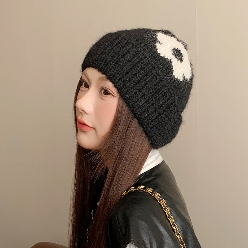Korean Style Womens Winter Hat With Flower And Ear Protection Wool Hat Big Head Circumference Wool  3