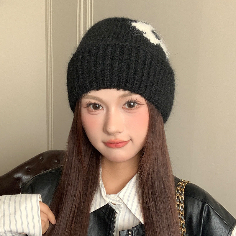 Korean Style Womens Winter Hat With Flower And Ear Protection Wool Hat Big Head Circumference Wool  2