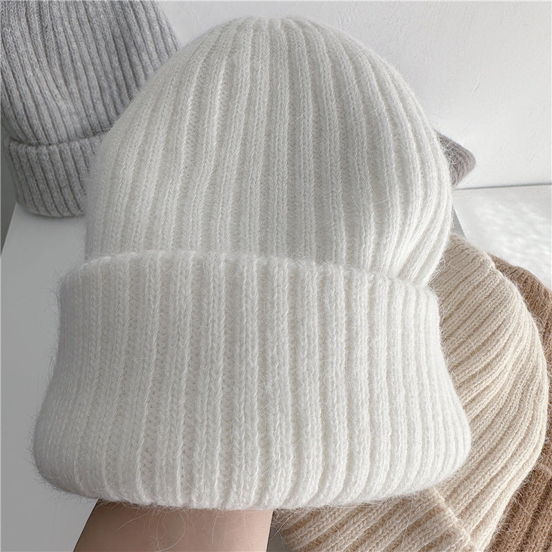 Warm Rabbit Fur Knit Hat, Double-Layer Women's Winter Hat Thick Wool Hat Casual Hat Toe Cap Cold Hat