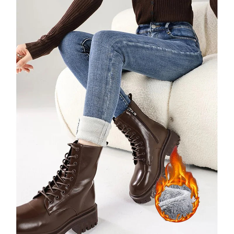 Winter Lady Casual Plush High Waist Jeans Girls, Snow Warm Thermal Trousers Women Fleece, Narrow Denim Straight Leg Pant