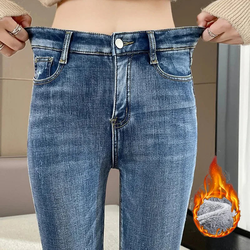 Winter Lady Casual Plush High Waist Jeans Girls Snow Warm Thermal Trousers Women Fleece Narrow Deni 3