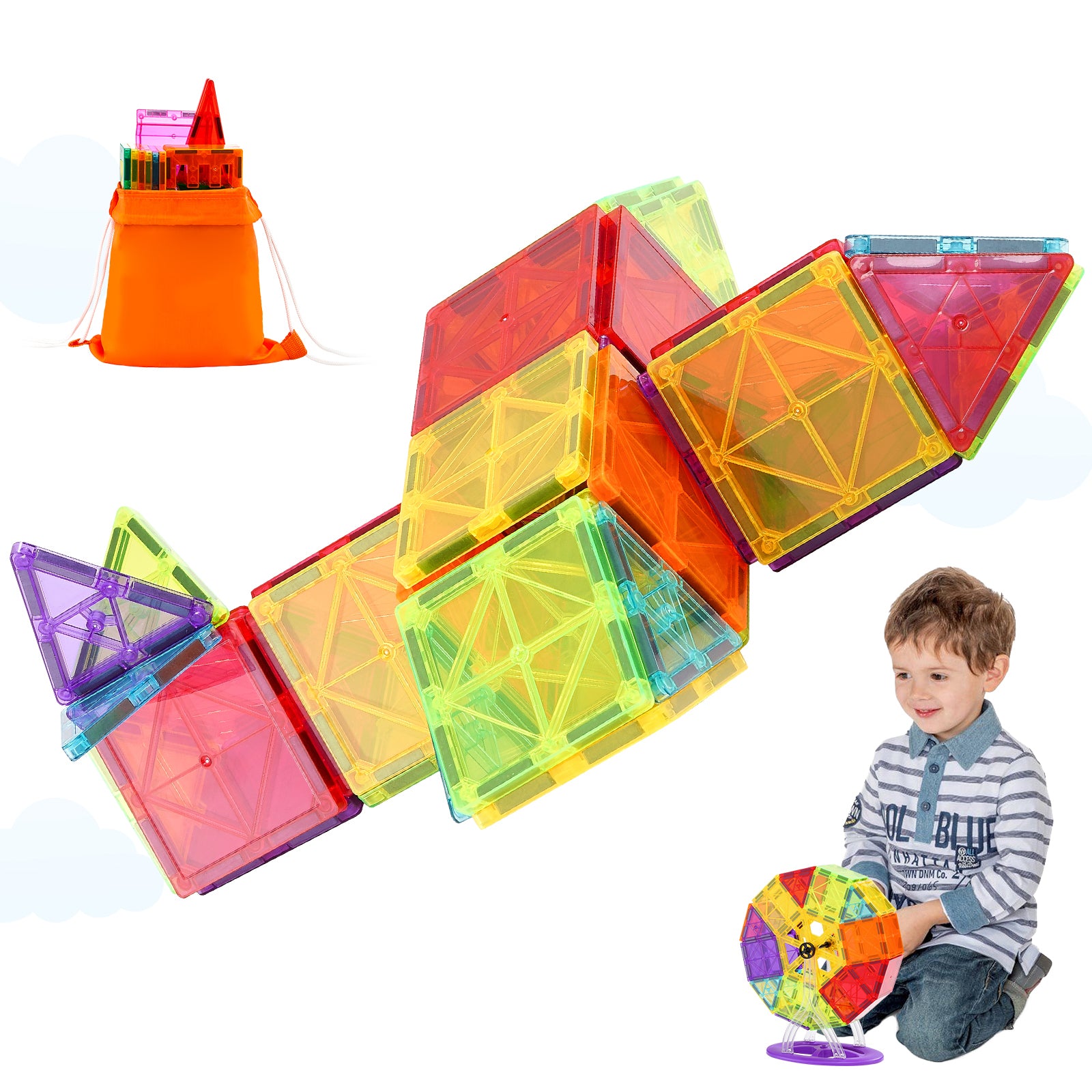 Construction Puzzle Magnetic Tiles Set by SucceBuy, Montessori Toys for Boys, Girls, and Children