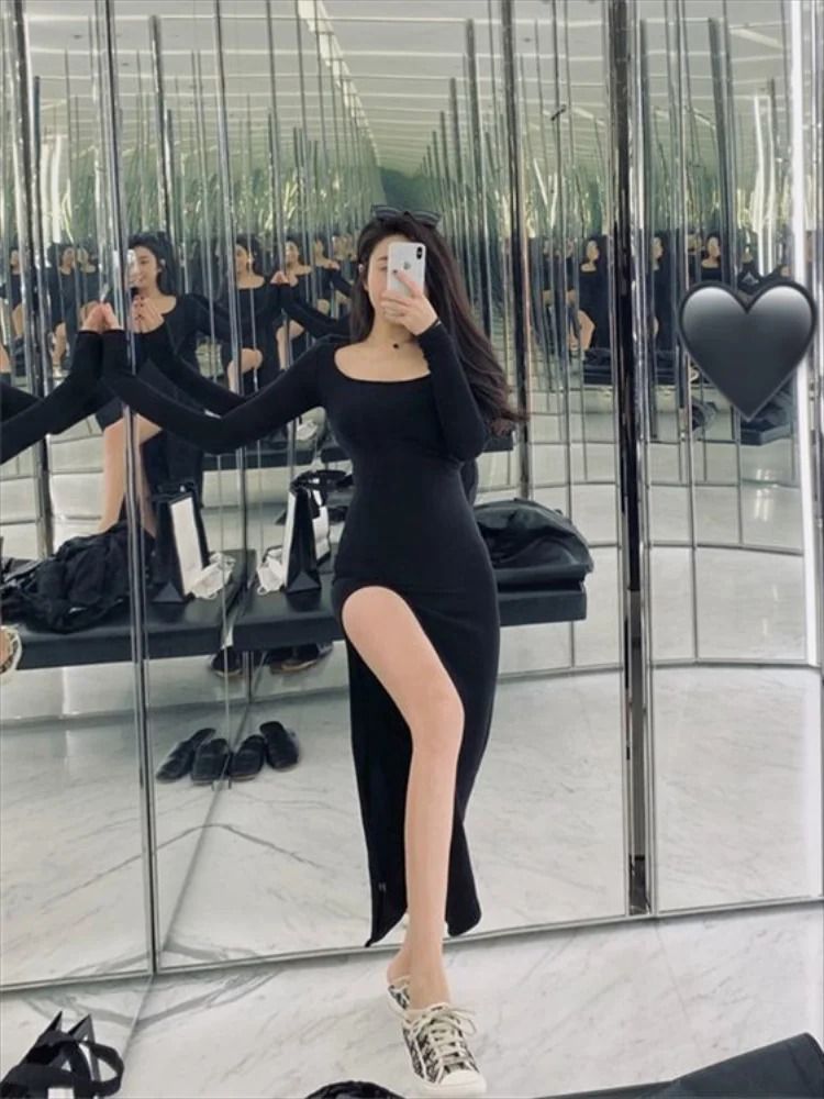 Side Slit Long Sleeve Bodycon Dress For Women 1