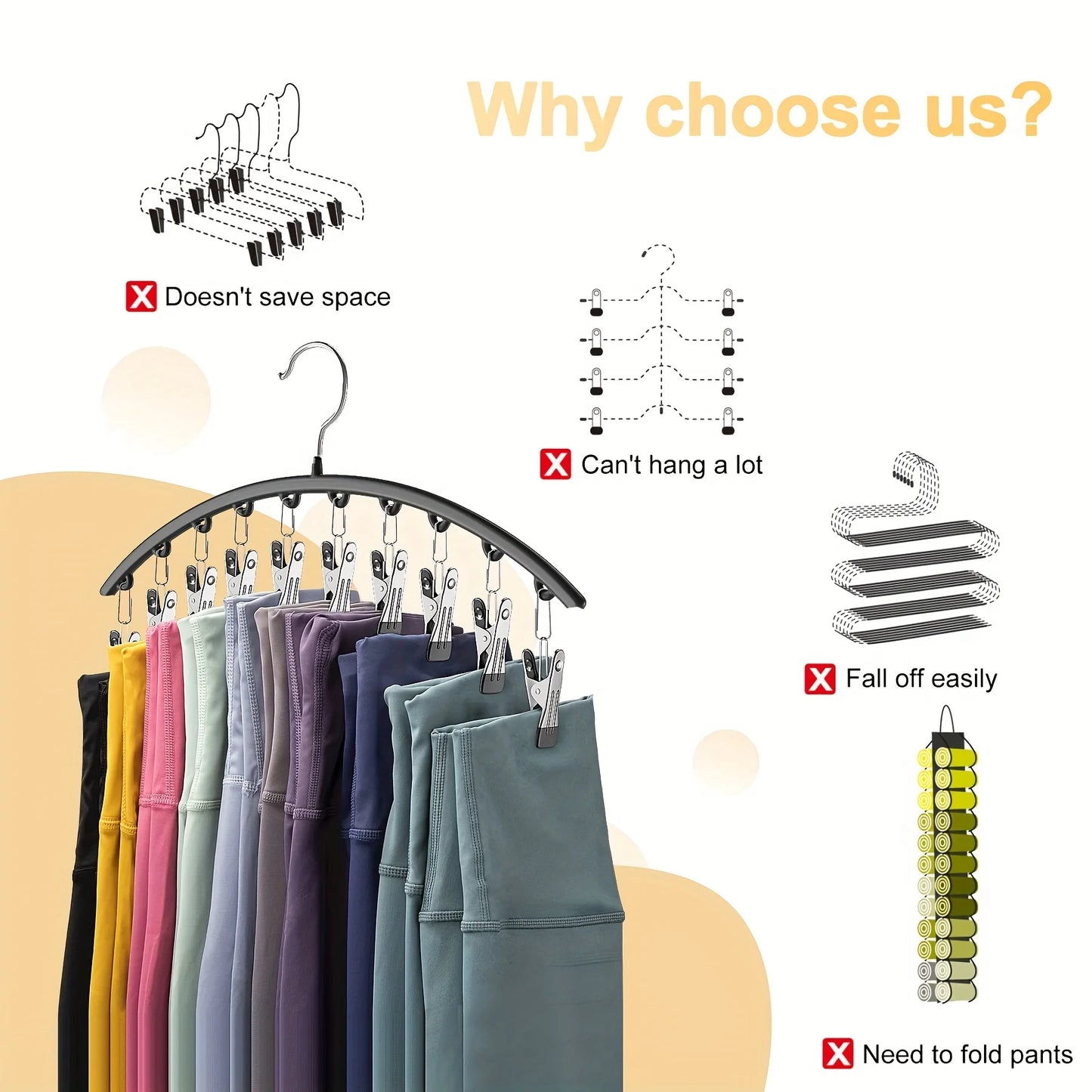Curved Shape Metal Yoga Pants Hanger, Clothespins, Holds Leggings, Closet Organizer Pants Hanger