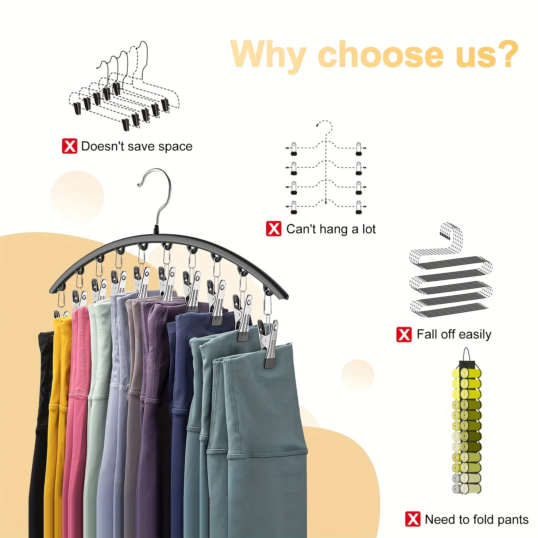 Curved Shape Metal Yoga Pants Hanger, Clothespins, Holds Leggings, Closet Organizer Pants Hanger