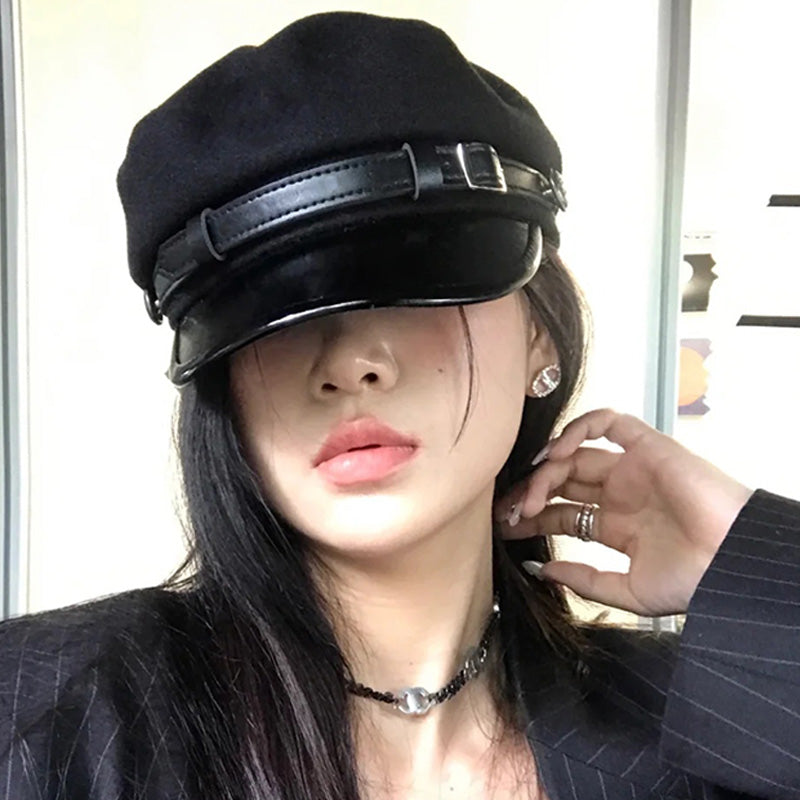 Vintage Women Winter PU Leather Painter Hat Sweet Cool Berets Cap Windproof Artist Hat Outdoor Windproof Casual Hat
