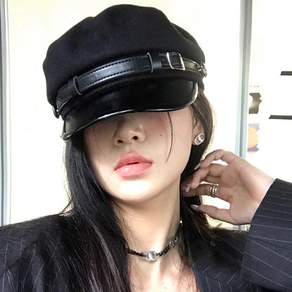 Vintage Women Winter PU Leather Painter Hat Sweet Cool Berets Cap Windproof Artist Hat Outdoor Windproof Casual Hat