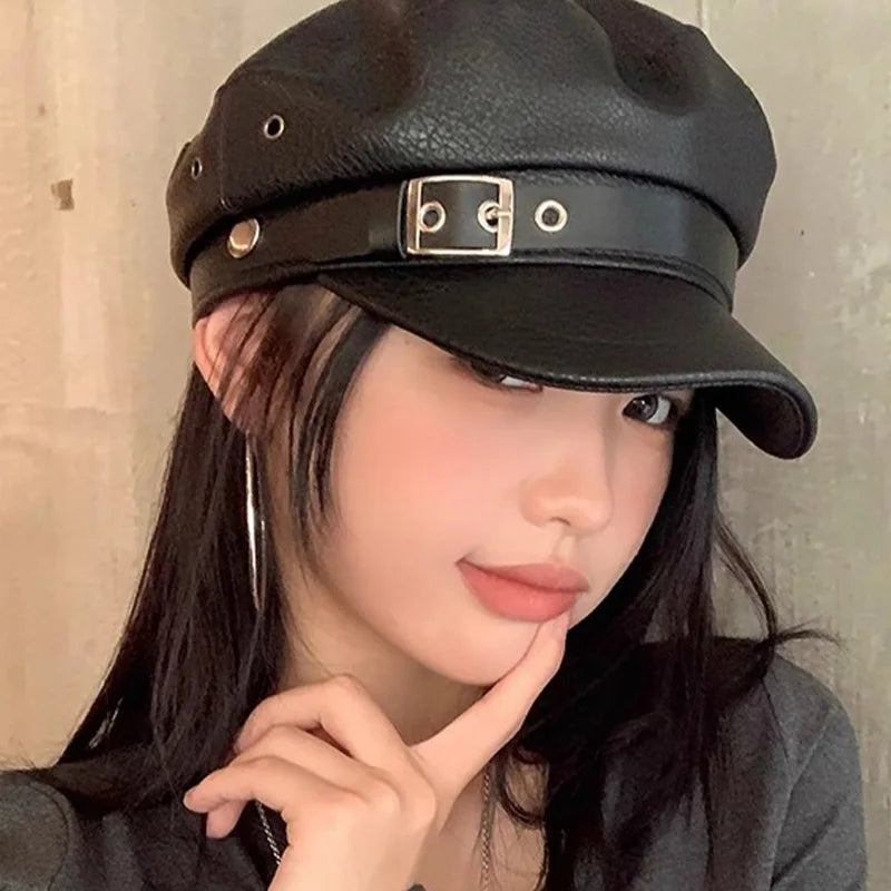 Vintage Women Winter PU Leather Painter Hat Sweet Cool Berets Cap Windproof Artist Hat Outdoor Wind 1