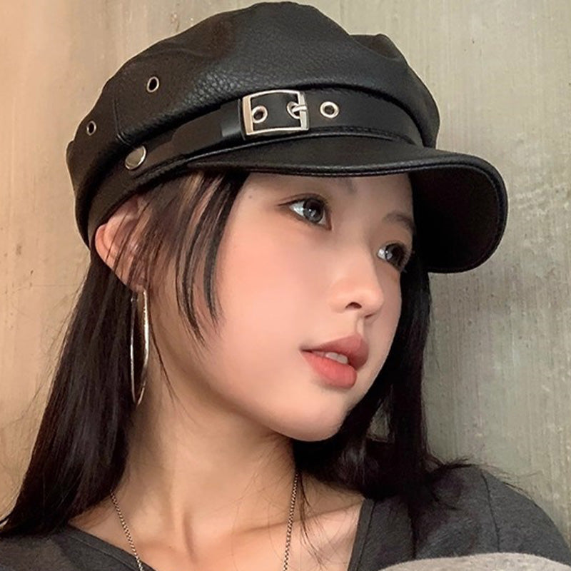 Vintage Women Winter PU Leather Painter Hat Sweet Cool Berets Cap Windproof Artist Hat Outdoor Wind 2