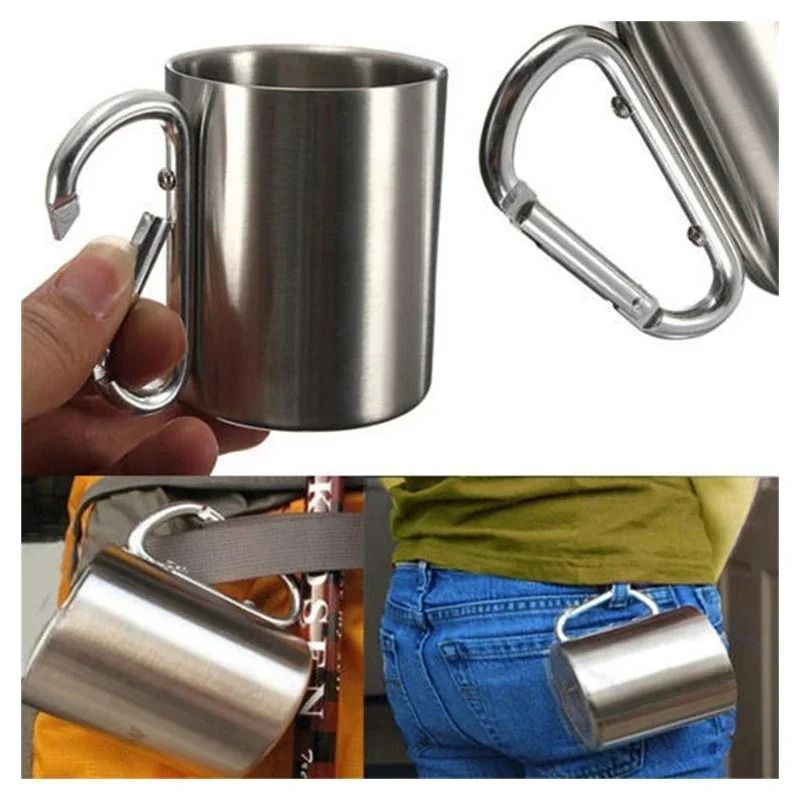 Stainless Steel Camping Cup with Carabiner Handle Portable Outdoor Mug