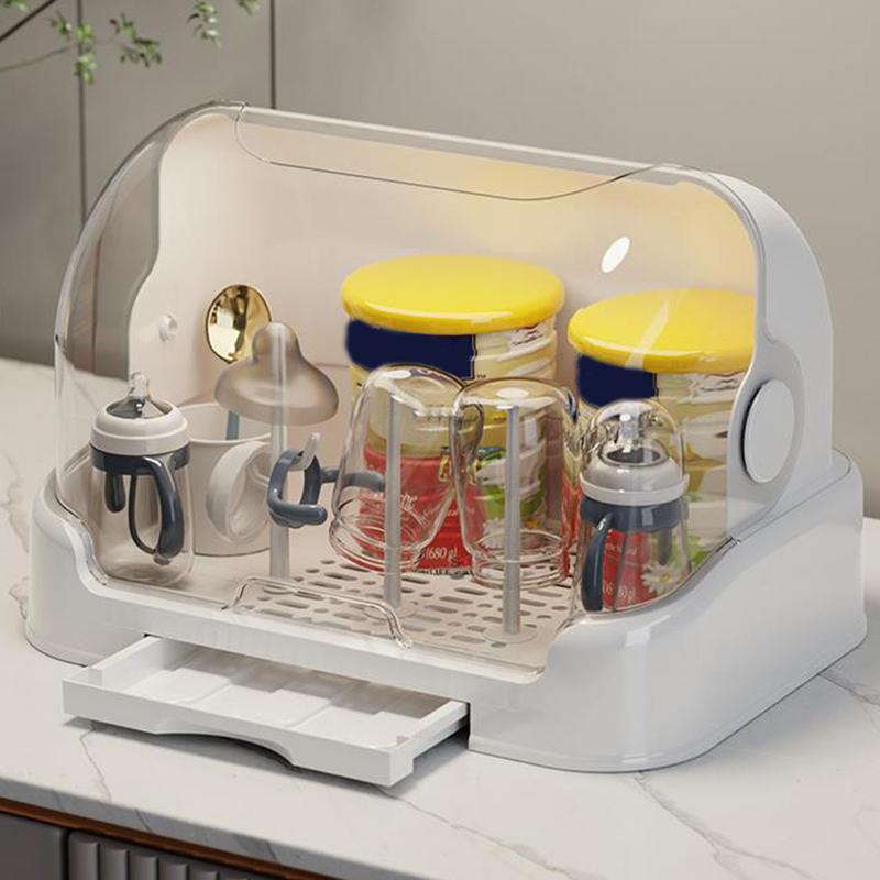 Baby Bottle Drying Rack with Removable Tray, Dustproof Storage Box, Portable, for Bottles and Accessories