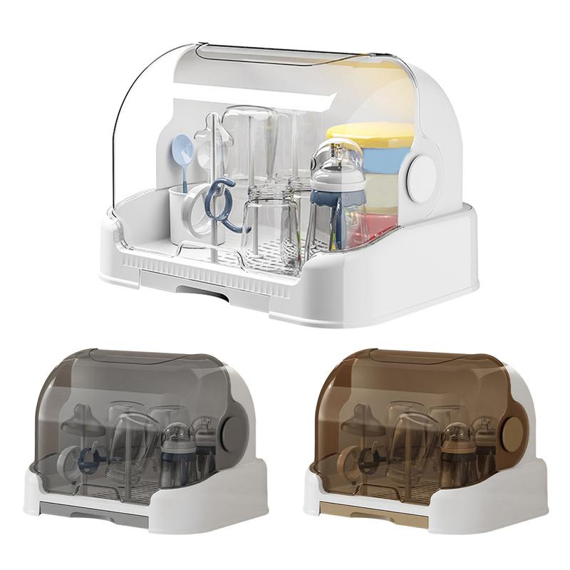 Baby Bottle Drying Rack with Removable Tray, Dustproof Storage Box, Portable, for Bottles and Accessories