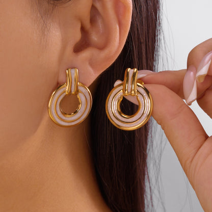 Trendy Round Stud Earrings for Women, Vintage Stainless Steel, Red White Enamel Metal Circle Earring, Punk Party Jewelry