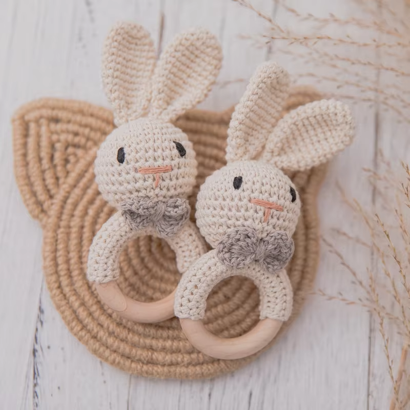 Wooden Teether Toy Baby Crochet Rattle BPA Free Wood Rodent Rabbit Rattle Baby Mobile Play Gym 1