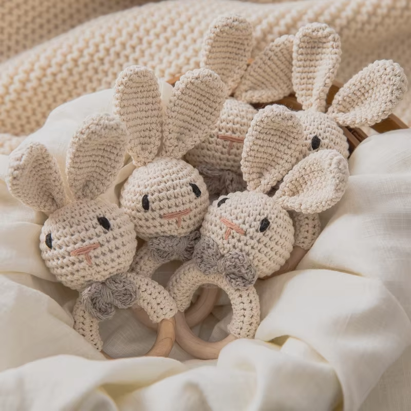 Wooden Teether Toy Baby Crochet Rattle BPA Free Wood Rodent Rabbit Rattle Baby Mobile Play Gym 2