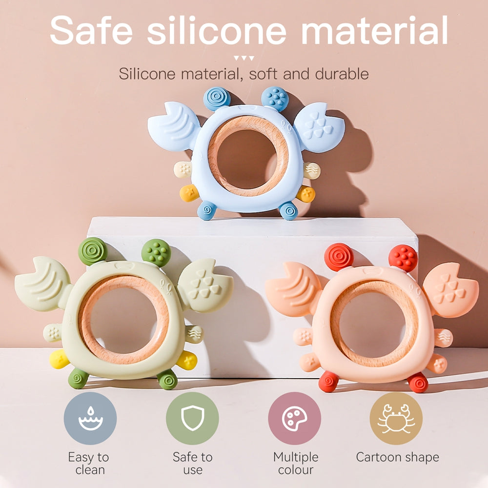 Silicone Baby Teether BPAFree Crab Wooden Ring Teething Toys 1