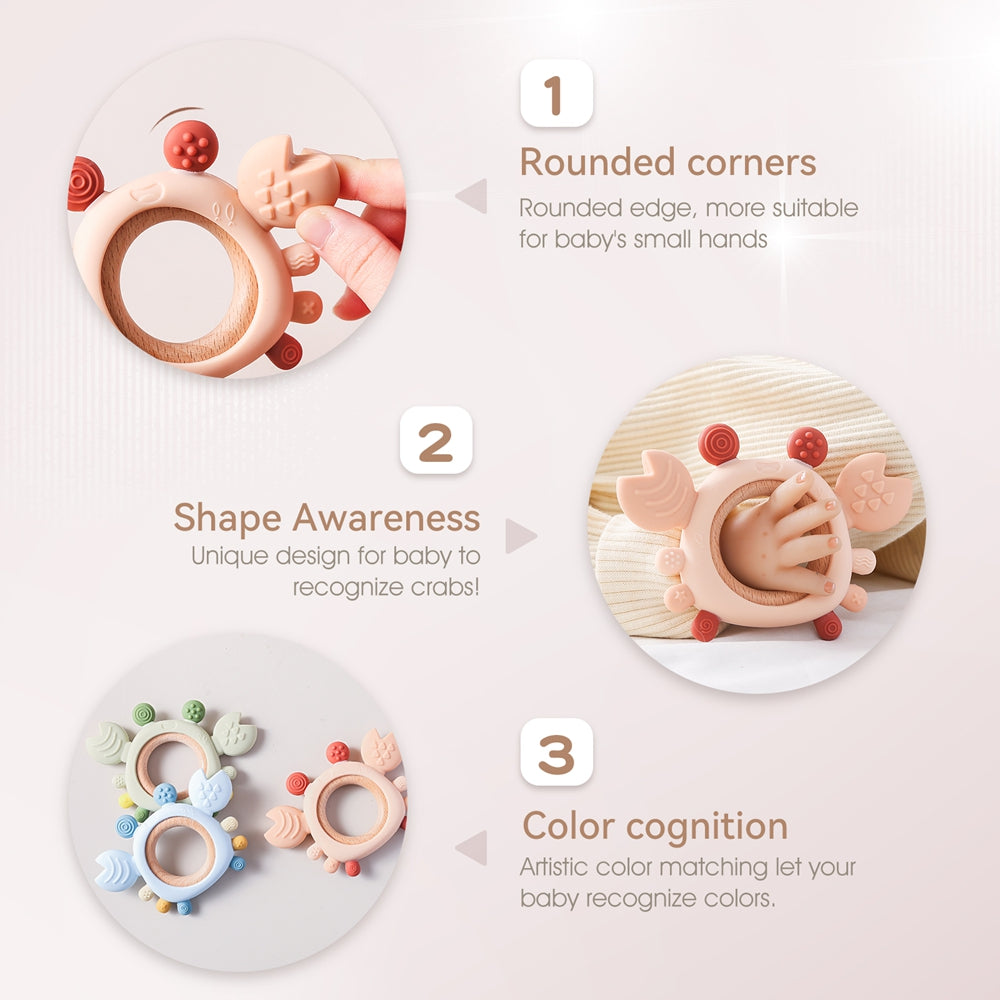 Silicone Baby Teether BPAFree Crab Wooden Ring Teething Toys 3