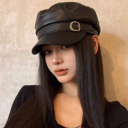 Black Women's Beret Hat, PU Leather Vintage England Flat Top Newsboy Cap, Artist Fashion Casual Painter Hat