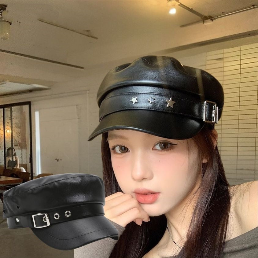 Black Womens Beret Hat PU Leather Vintage England Flat Top Newsboy Cap Artist Fashion Casual Painte 1