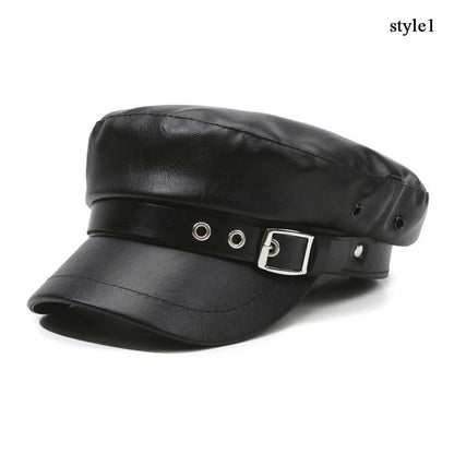 Black Womens Beret Hat PU Leather Vintage England Flat Top Newsboy Cap Artist Fashion Casual Painte 4