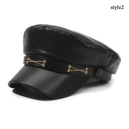 Black Womens Beret Hat PU Leather Vintage England Flat Top Newsboy Cap Artist Fashion Casual Painte 6