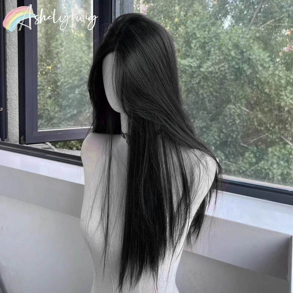Black Synthetic Long Straight Wig Middle Part Natural Full Head Cover 1