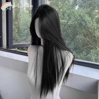 Black Synthetic Long Straight Wig Middle Part Natural Full Head Cover 1