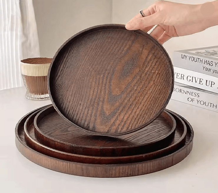 Round Wooden Serving Tray for Home and Kitchen