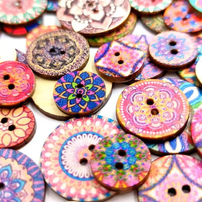 100 pcs Retro Round Wooden Buttons – 15/20/25 mm DIY Hand-Sewing Wood Chip Print Buttons for Clothing & Crafts