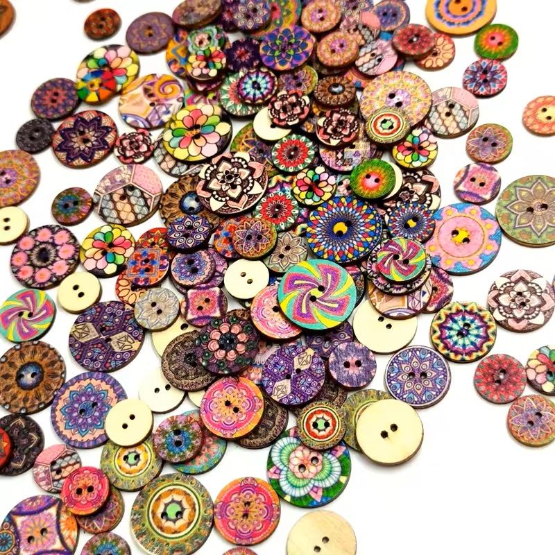 100 Pcs Retro Round Wooden Buttons  152025 Mm DIY HandSewing Wood Chip Print Buttons For Clothing   2