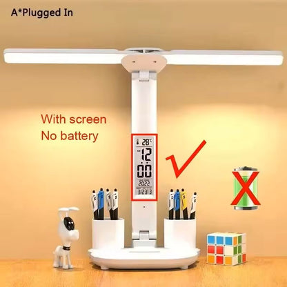 LED Foldable Desk Lamp  USB Rechargeable Dimmable Table Lamp With Clock 2Head 180 Rotation  EyeProt 6