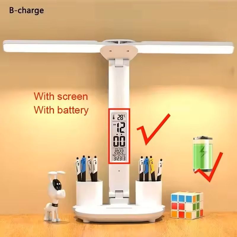 LED Foldable Desk Lamp  USB Rechargeable Dimmable Table Lamp With Clock 2Head 180 Rotation  EyeProt 8