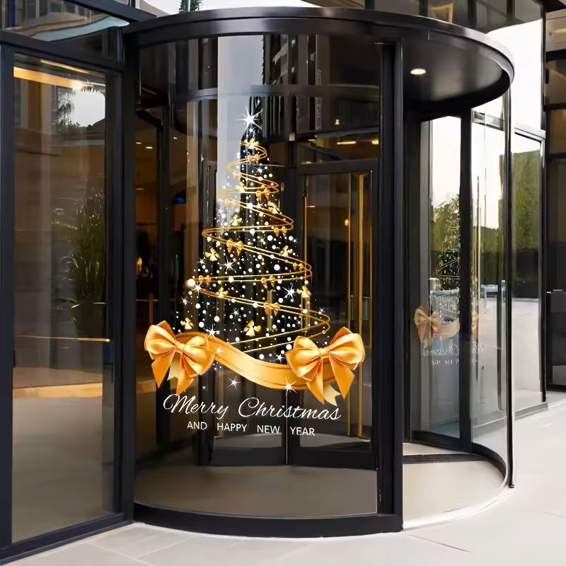 Golden Christmas Tree Window Stickers  DIY Merry Christmas Electrostatic Clings For Glass Door  Win 2