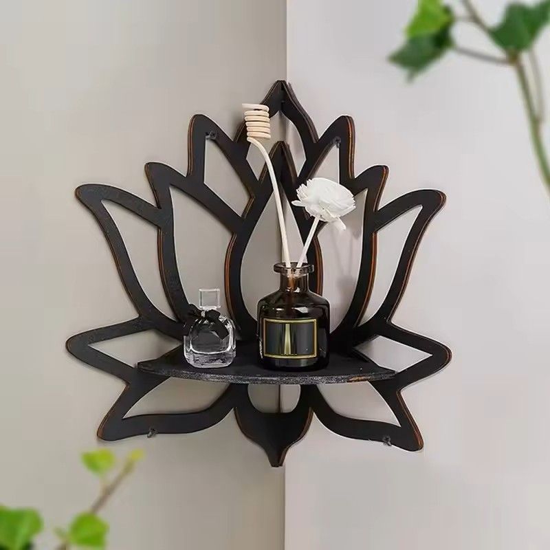 Wooden Lotus Hollow Decorative Rack  Aromatherapy Organizer  Candle Holder WallMounted Corner Shelf 2
