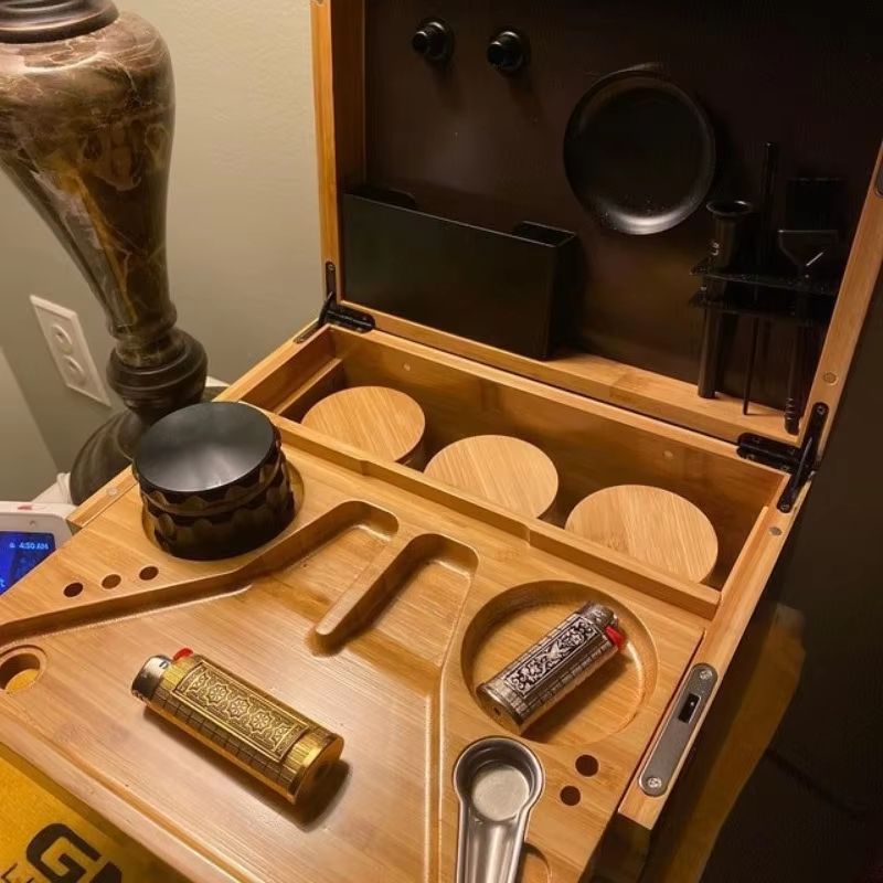 Bamboo LockSafe Organizer Box With Rolling Tray And Storage Compartments 1