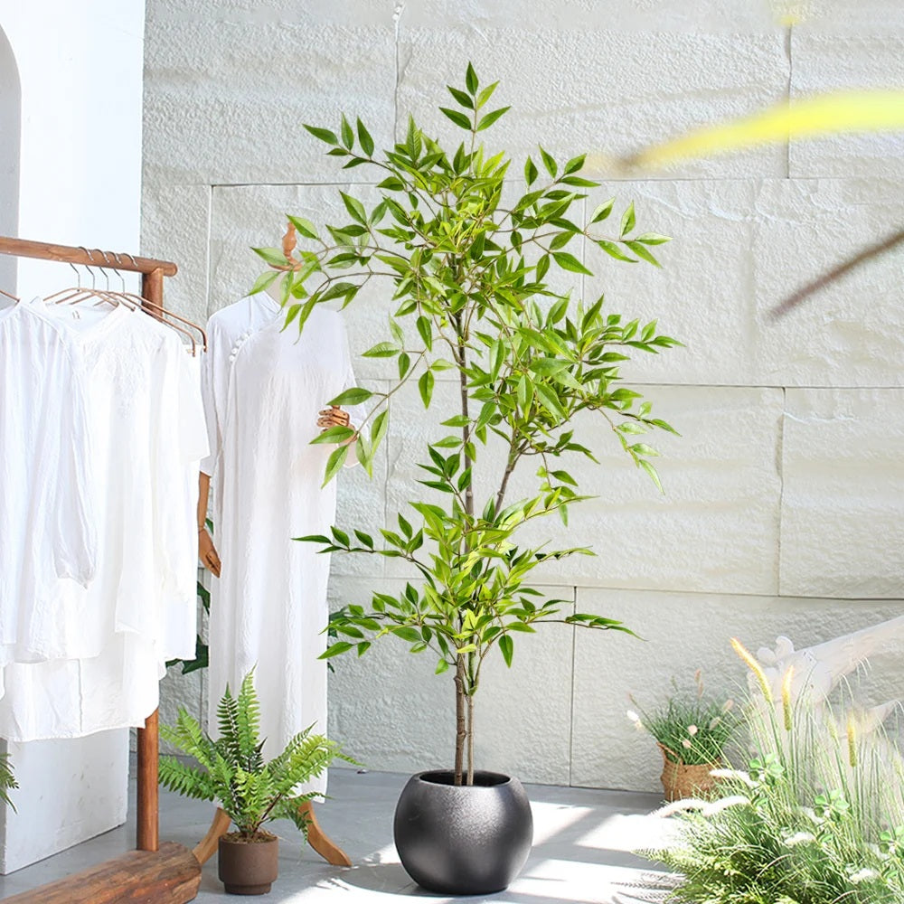 Green Tall Plants Fake, Artificial Plants Nandina Tree, Faux Branches Leaves Plants for Home Garden Office Decor