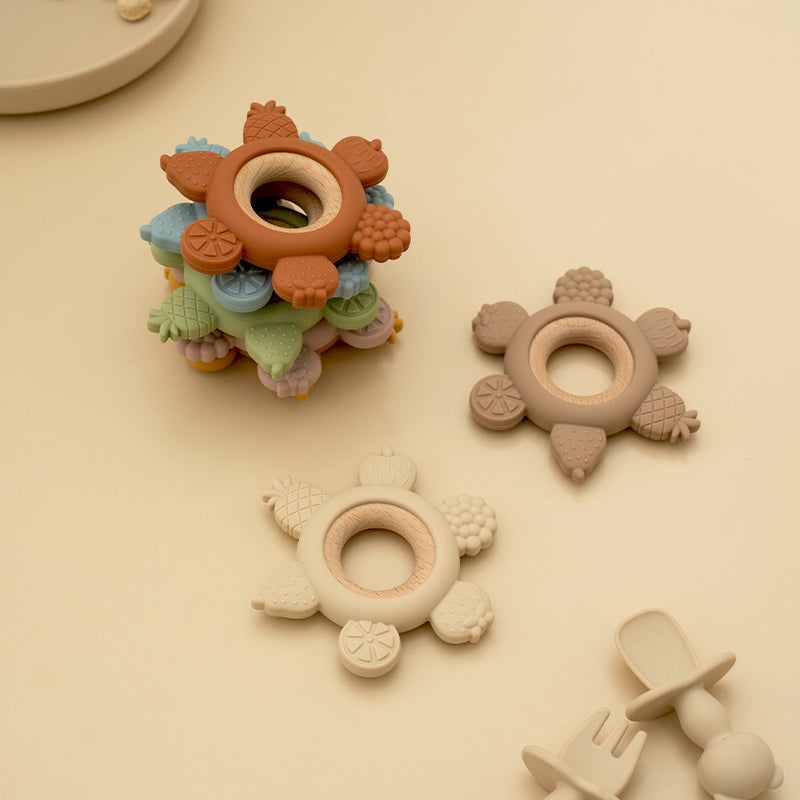Silicone Teether With Wooden Ring Baby Fruit Teething Toys BPA Free Infant Chewing Toy For Boys Gir 2