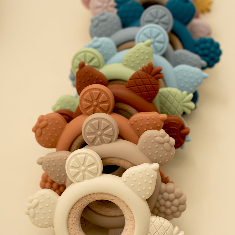 Silicone Teether With Wooden Ring Baby Fruit Teething Toys BPA Free Infant Chewing Toy For Boys Gir 3