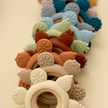 Silicone Teether With Wooden Ring Baby Fruit Teething Toys BPA Free Infant Chewing Toy For Boys Gir 3