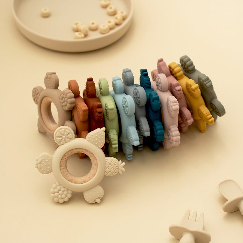 Silicone Teether with Wooden Ring, Baby Fruit Teething Toys BPA Free, Infant Chewing Toy for Boys Girls, Newborn Babies